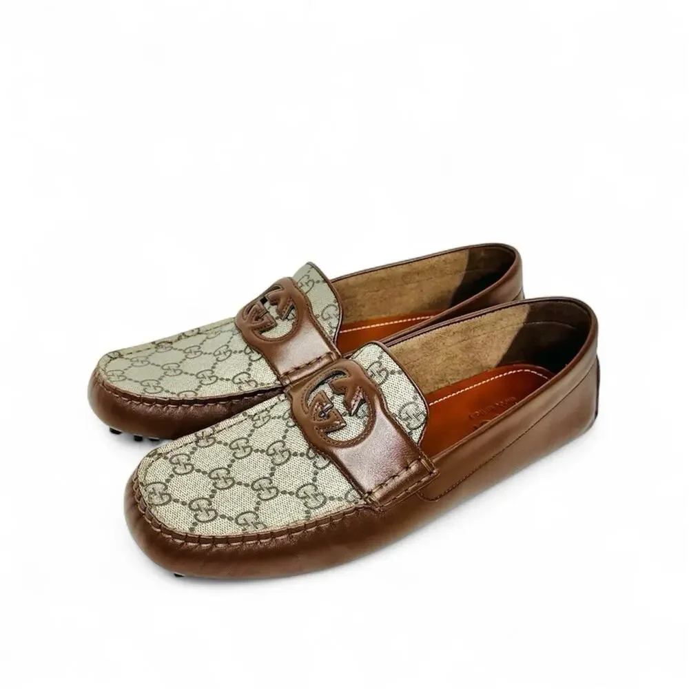 NIB Gucci Men Loafer 8.5 US 9 Brown GG Supreme Canvas Leather Driver Moccasins